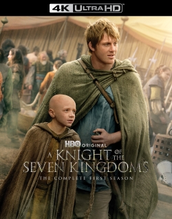 Cover art for HBO's 'A Knight of the Seven Kingdoms: The Complete First Season', featuring two characters in medieval attire standing together, with a bustling market scene in the background.