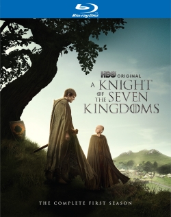 Blu-ray cover for 'A Knight of the Seven Kingdoms: The Complete First Season' featuring two characters in medieval attire standing on a grassy hill under a cloudy sky.