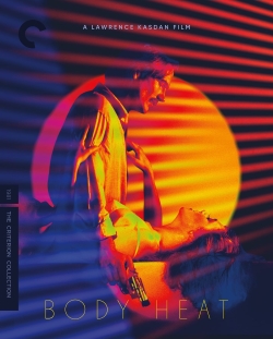 Movie poster for 'Body Heat', featuring a vibrant design with warm colors, silhouettes of a man and woman, and a large yellow circle in the background.