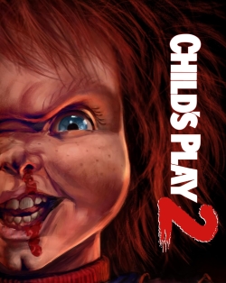 Close-up of a sinister-looking doll with blood on its chin, featuring the text 'CHILD'S PLAY 2' in a horror-themed design.