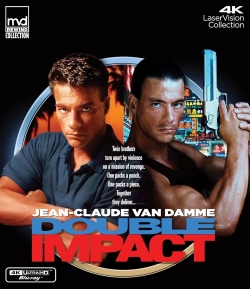 Movie poster for 'Double Impact' featuring Jean-Claude Van Damme in two roles, one with a serious expression and the other holding a gun, set against a vibrant background.
