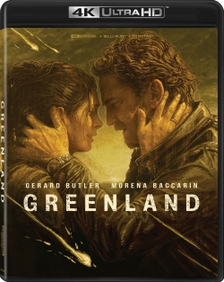 DVD cover for 'Greenland' featuring Gerard Butler and Morena Baccarin, showcasing a dramatic embrace with a textured, apocalyptic background.