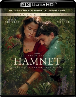 A promotional image for the collector's edition of the film 'Hamnet,' directed by Chloe Zhao, featuring actors Jessie Buckley and Paul Mescal. The cover shows the characters in a lush, green environment, surrounded by plants.