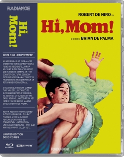 Cover art for the film 'Hi, Mom!' featuring Robert De Niro, with vibrant yellow background and characters in a dramatic pose.