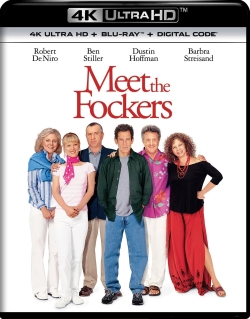 Cover of the movie 'Meet the Fockers' featuring characters posed together, with prominent names of actors Robert De Niro, Ben Stiller, Dustin Hoffman, and Barbra Streisand.