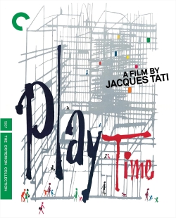 Cover art for the film 'PlayTime' directed by Jacques Tati, featuring an abstract illustration of a modern cityscape with people walking, and the film's title prominently displayed in playful lettering.