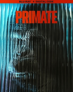 Blu-ray cover for the movie 'Primate', featuring a dark, stylized image of a primate's face with vertical lines overlaying it and the title 'PRIMATE' in bright red at the top.
