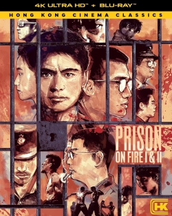 Artwork for the 'Prison on Fire I & II' Blu-ray release, featuring a collage of characters from the films, including prisoners and guards, with dramatic and intense expressions set against a gritty background.