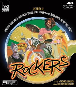 Cover art for the film 'Rockers,' featuring vibrant colors and illustrations of musicians, including a drummer, with text highlighting the music of notable artists.