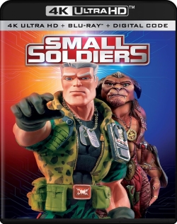 Cover art for the movie 'Small Soldiers' featuring two animated characters, one holding a weapon and another looking fierce, against an orange background.