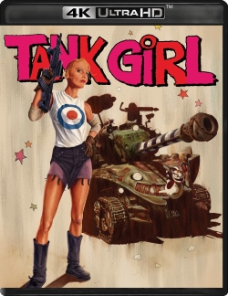 Cover art for 'Tank Girl' featuring a woman in a white shirt and shorts holding a gun, with a tank in the background and colorful text.