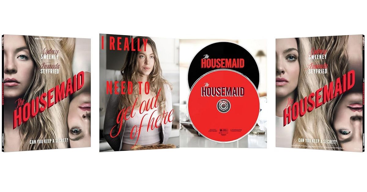 Cover art and DVD disc for the movie 'The Housemaid', featuring actors Sidney Sweeney and Amanda Seyfried.