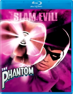 Blu-ray cover of 'The Phantom' featuring a superhero in a purple costume, emphasizing the phrase 'SLAM EVIL!'