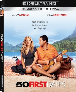 DVD cover for the movie '50 First Dates' featuring Adam Sandler and Drew Barrymore on a beach, with tropical scenery in the background.
