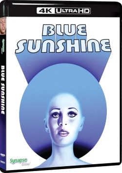 Cover of the 4K Ultra HD release of the film 'Blue Sunshine', featuring a blue and white design with a woman with a bald head and blue facial features.