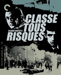 Movie poster for 'Classe Tous Risques' featuring black and white portraits of two male characters and chaotic street scene with people.
