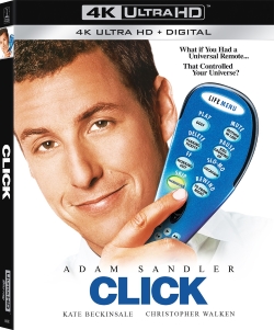 4K Ultra HD Blu-ray cover of the movie 'Click' featuring a smiling Adam Sandler holding a universal remote.