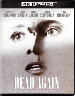 Cover of the 4K Ultra HD movie 'Dead Again' featuring dramatic imagery of a woman's face in black and white, highlighting her intense expression.