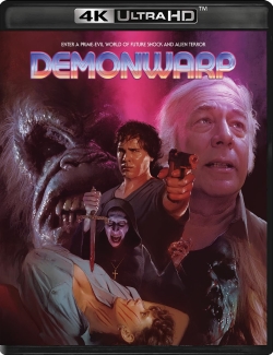 DVD cover of the horror film 'Demonwarp', featuring a dramatic scene with a mysterious figure holding a knife, a distressed woman, and a menacing creature in the background.