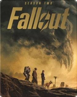Cover art for 'Fallout' Season Two, featuring four characters standing on a rocky landscape with a dramatic storm in the background.