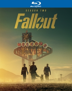 Cover art for 'Fallout Season Two' Blu-ray featuring a desolate landscape with characters walking under a 'Welcome to New Vegas' sign.