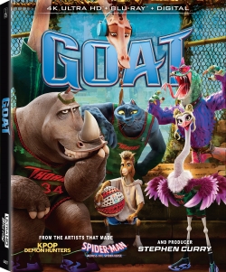 Cover art for the animated movie 'GOAT', featuring various stylized animal characters in sports attire against a basketball court background.