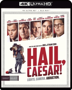 Cover of the movie 'Hail, Caesar!' featuring the title and taglines, along with images of the main cast members.