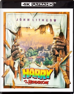 Cover of the movie 'Harry and the Hendersons' featuring John Lithgow, with a scene depicting a hole in a wall revealing a vibrant landscape.
