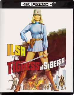 Cover art for the movie 'Ilsa: The Tigress of Siberia' featuring a blonde woman in a blue military-style outfit with a belt and hat, holding a sword, set against a dramatic background with smoke and a battlefield.