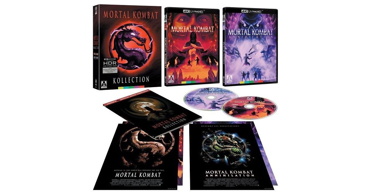 A collection of 'Mortal Kombat' films including 'Mortal Kombat: Kollection' and 'Mortal Kombat: Annihilation', displayed with DVD cases, disks, and artwork.