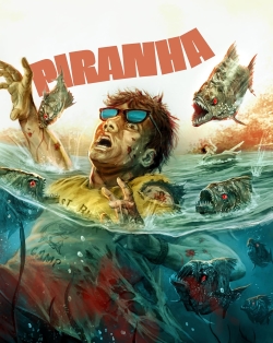 A man wearing sunglasses is struggling in water, surrounded by piranhas. The image features a dramatic scene with blood in the water and a title at the top that reads 'Piranha'.