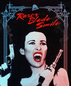 A woman with dark hair holding two guns, screaming with intensity against a stylized background, featuring the text 'Razor Blade Smile'.