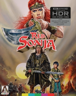 Cover art for the movie 'Red Sonja', featuring a fierce red-haired warrior woman holding a sword, accompanied by two male characters in fantasy attire, against a vibrant sunset background.