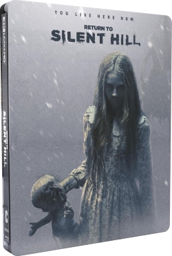 Steelbook cover for the movie 'Return to Silent Hill', featuring a ghostly girl in a white dress holding a doll, set against a dark, snowy background.