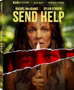 Movie cover for 'Send Help' featuring Rachel McAdams and Dylan O'Brien, with a dramatic image split by a knife.