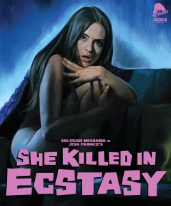 A graphic design featuring a woman sitting on a couch, hugging her knees, with a moody blue background. The title 'She Killed in Ecstasy' is displayed in bold pink letters at the bottom, along with credits for Soledad Miranda and Jess Franco.