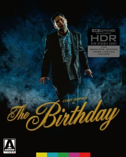 A promotional poster for the film 'The Birthday' featuring a man in formal wear against a smoky background, with text highlighting the film's high definition and HDR features.