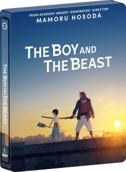 Steelbook cover of the animated film 'The Boy and The Beast' directed by Mamoru Hosoda, featuring a boy holding a sword and a beast silhouette against a sunset background.