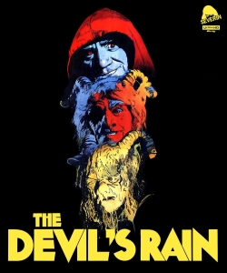 Poster for 'The Devil's Rain' featuring a stacked composition of three faces in vibrant colors against a black background, with the title prominently displayed at the bottom in large yellow letters.