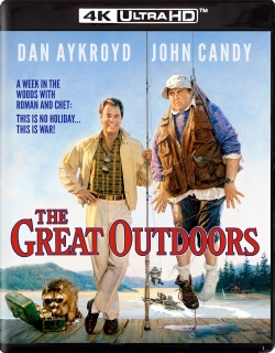 DVD cover of 'The Great Outdoors' featuring Dan Aykroyd and John Candy, with a scenic background of a lake and forest, highlighting a fishing theme.