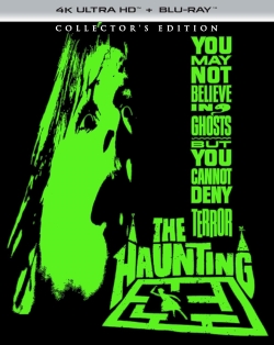 Blu-ray cover for 'The Haunting' featuring a woman screaming in a stark design with green and black colors. Text includes 'You may not believe in ghosts but you cannot deny terror.'