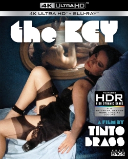 Cover art for the film 'The Key' directed by Tinto Brass, featuring a woman in a sensual pose against a blue background, with the text '4K Ultra HD + Blu-ray' and 'HDR High Dynamic Range'.