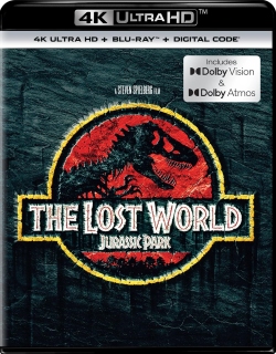 Cover of 'The Lost World: Jurassic Park' 4K Ultra HD Blu-ray edition featuring the iconic logo and details about Dolby Vision and Dolby Atmos.