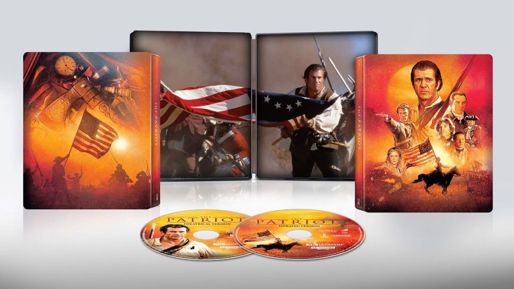A steelbook edition of the movie 'The Patriot', featuring artwork of characters and scenes from the film. Two DVDs are visible on the front, along with vibrant artwork on the steelbook covers that include patriotic themes and imagery.
