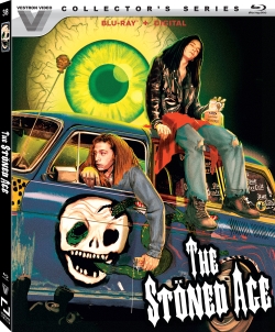 Blu-ray cover of 'The Stoned Age' featuring two men sitting on a retro car with a skull design, and a large green eye in the background.