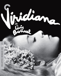 Cover art for the film 'Viridiana' by Luis Bunuel, featuring a black and white image of a woman's face with flowers in her hair, accompanied by stylized white text.