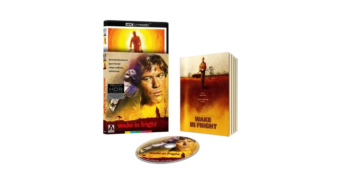 4K Ultra HD Blu-ray box set of the film 'Wake in Fright,' featuring a disc, a booklet, and a colorful cover art.