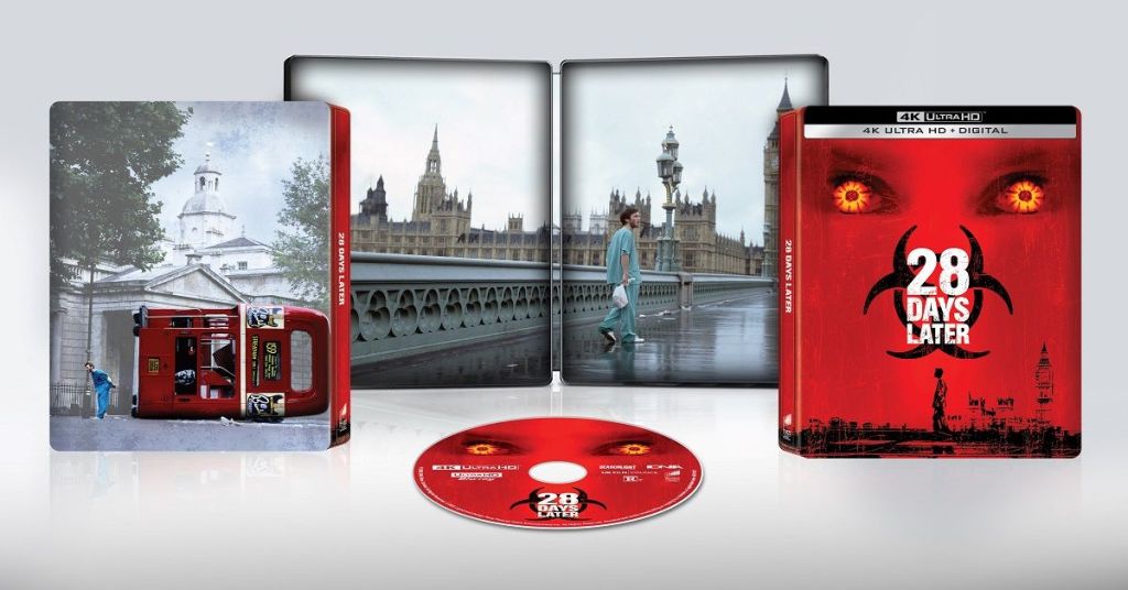 Steelbook packaging of the movie '28 Days Later' featuring a red cover, a DVD disc, and artwork of iconic London landmarks.