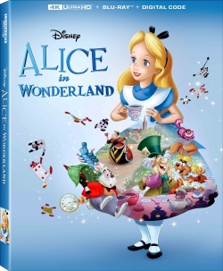 Cover art for Disney's 'Alice in Wonderland' featuring a cartoon depiction of Alice holding a tea cup, surrounded by whimsical characters and scenes from the story.