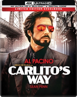 Limited edition steelbook cover of the movie 'Carlito's Way' featuring Al Pacino wearing sunglasses against a backdrop of a bridge.